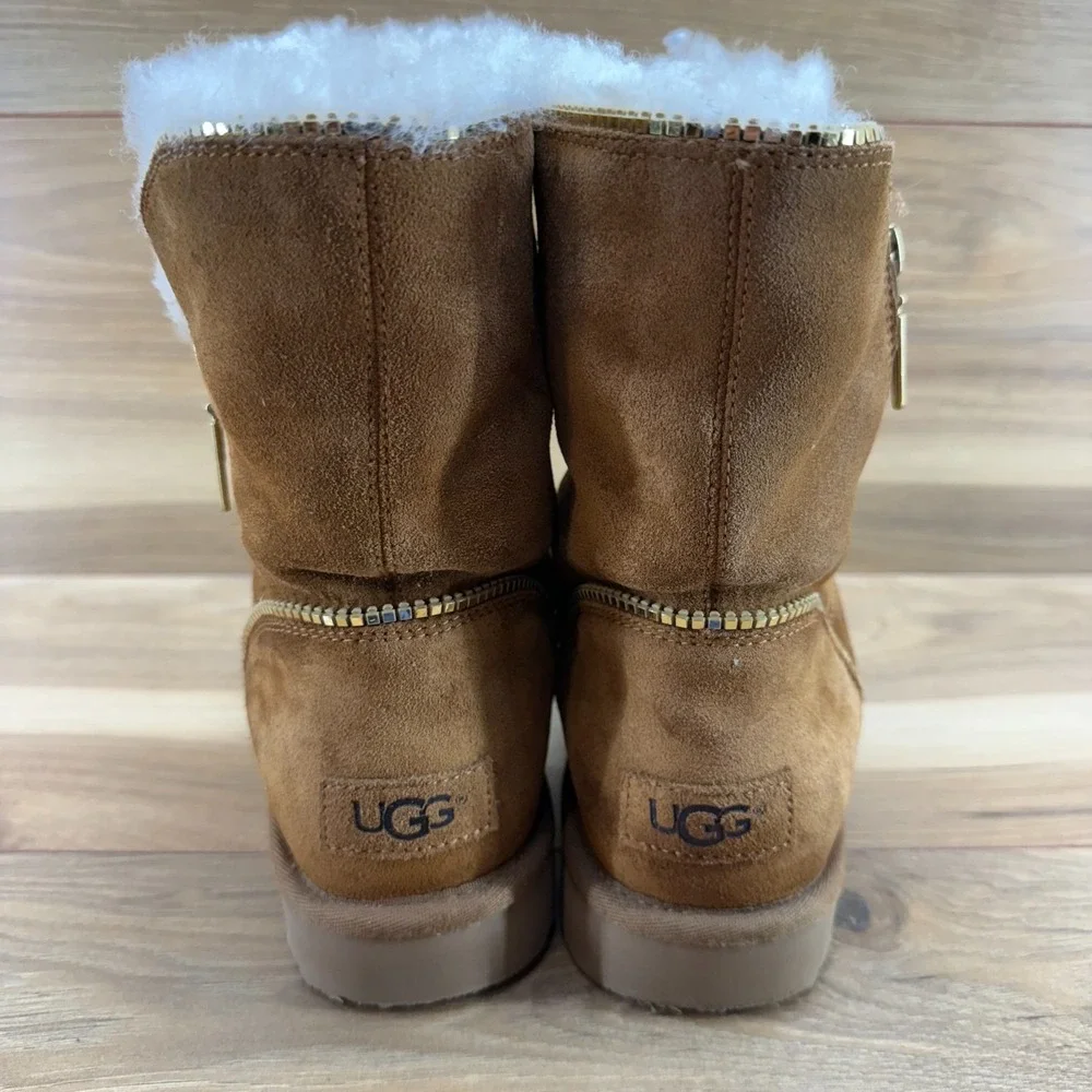UGG‎ Florence Zip Short Boots Womens 7 Chestnut Suede Shearling Fur Lined